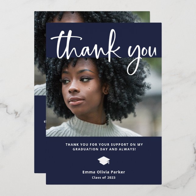 Graduation Thank You Card | Blue with Silver Foil (Front/Back)