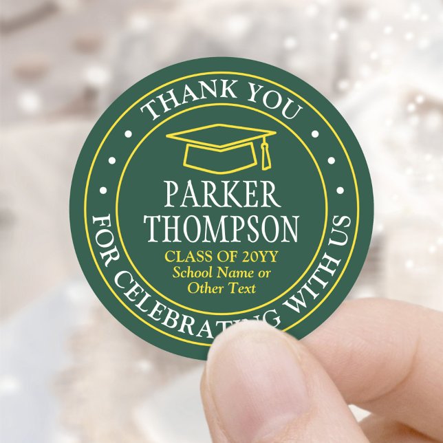 Graduation Thank You Elegant Green Gold Yellow Classic Round Sticker (Creator Uploaded)