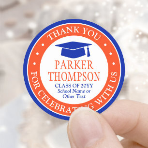 Graduation Thank You Elegant Modern Orange & Blue Classic Round Sticker
