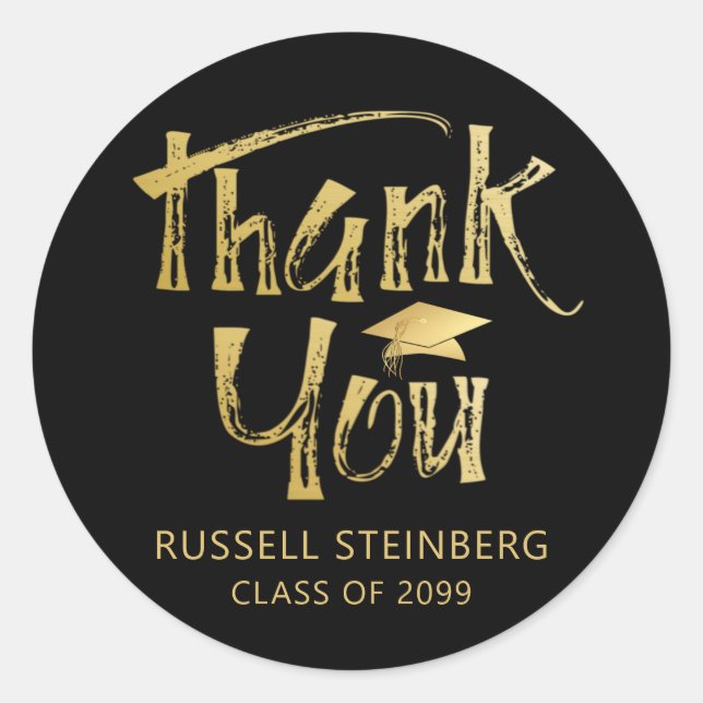 Graduation Thank You Faux Gold Brushstroke Cap Classic Round Sticker (Front)