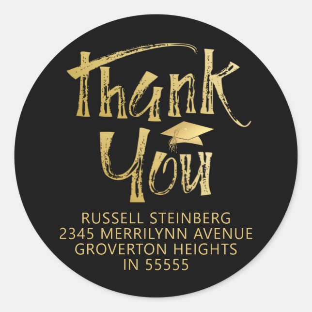 Graduation Thank You Faux Gold Brushstroke Cap Classic Round Sticker (Front)