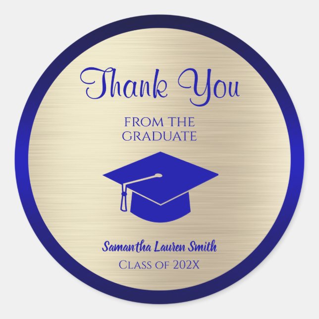 Graduation Thank You Gold Blue Class of 2024 Classic Round Sticker (Front)