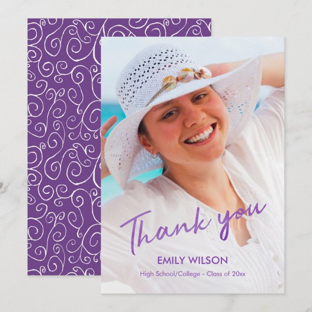 Graduation Thank You Grad Photo Violet Pattern Announcement (Front/Back)