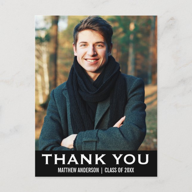 Graduation Thank You Modern Photo Postcard BW (Front)