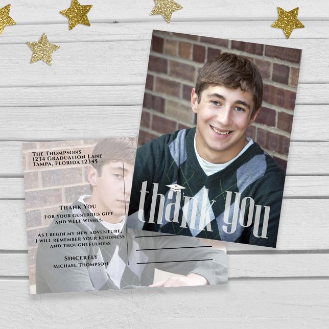 Graduation Thank You Modern Two Photo Script Postcard (Graduation modern Thank you postcard with a whimsical typography script. )