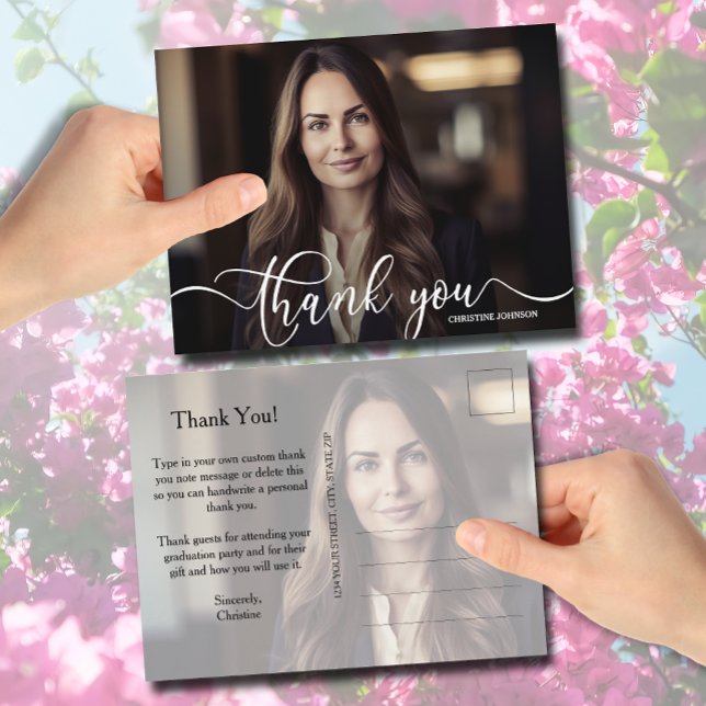 Graduation Thank You Note 2 Photo Postcard (Graduation thank you note postcard features a photo on front and back with your custom message.)