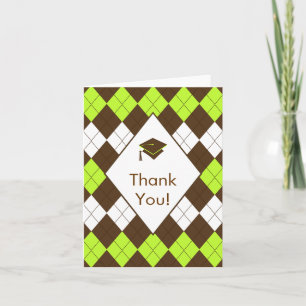 Graduation Thank You Note Card Brown Green Argyle