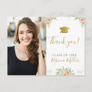 Graduation Thank you Photo Postcard floral gold