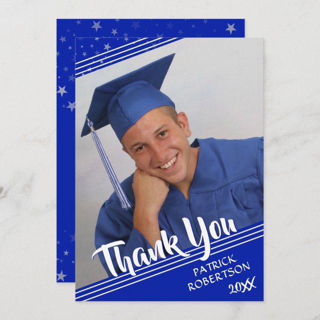 Graduation Thank You Royal Blue Brush Script Photo Invitation (Front/Back)