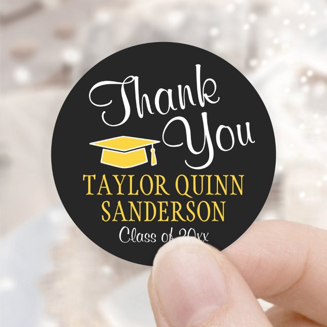 Graduation Thank You Script Black and Gold Yellow Classic Round Sticker (Creator Uploaded)