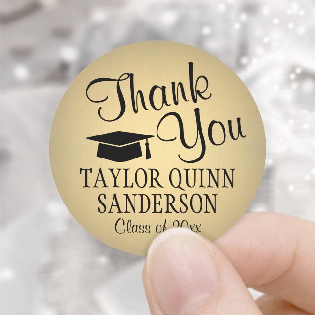 Graduation Thank You Script Black & Gold Faux Foil Classic Round Sticker (Creator Uploaded)