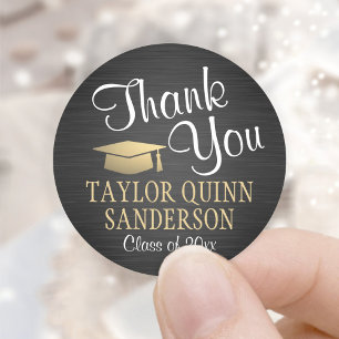 Graduation Thank You Script Brushed Black and Gold Classic Round Sticker