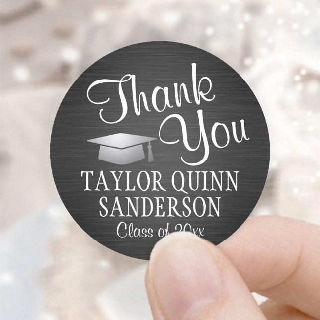 Graduation Thank You Script Brushed Black & White Classic Round Sticker (Creator Uploaded)