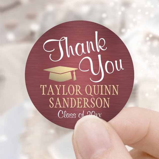 Graduation Thank You Script Brushed Burgundy Gold Classic Round Sticker (Creator Uploaded)