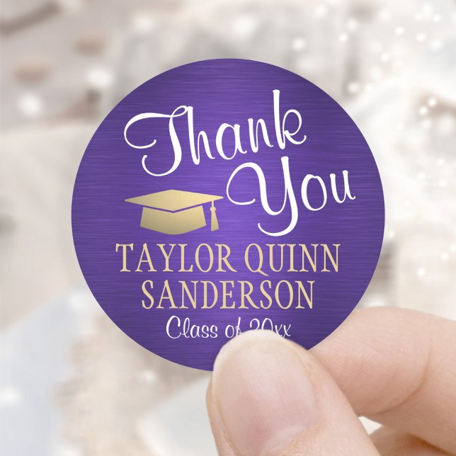 Graduation Thank You Script Brushed Purple & Gold Classic Round Sticker (Creator Uploaded)