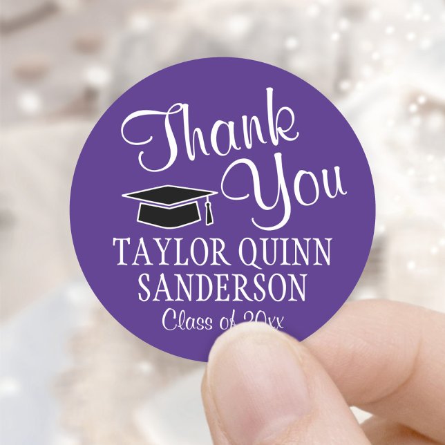 Graduation Thank You Script Modern Purple & White Classic Round Sticker (Creator Uploaded)