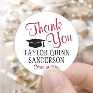 Graduation Thank You Script Modern Red Black White Classic Round Sticker