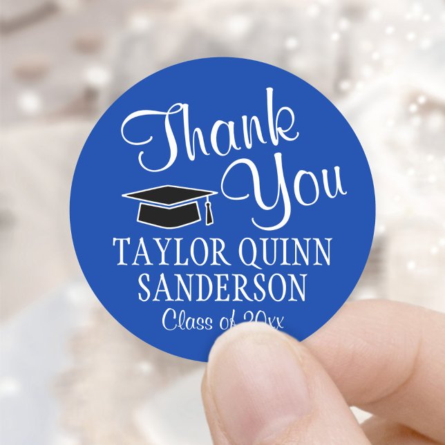 Graduation Thank You Script Royal Blue and White Classic Round Sticker (Creator Uploaded)