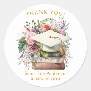 Graduation Thank You Watercolor Floral White Cap Classic Round Sticker