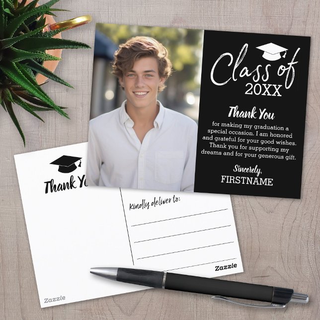 Graduation Thank You with Photo - Black Postcard (Graduation Thank You Postcard)