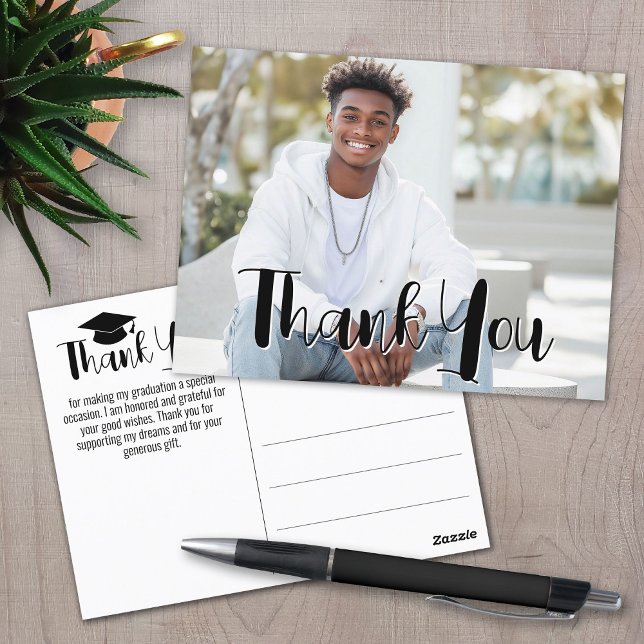 Graduation Thank You with Photo - Black Script Postcard (Graduation Thank You Postcard)