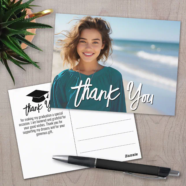Graduation Thank You with Photo - Script White Postcard | Zazzle
