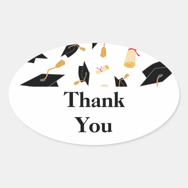Graduation Theme Cap and Diploma Black Gold White Oval Sticker (Front)
