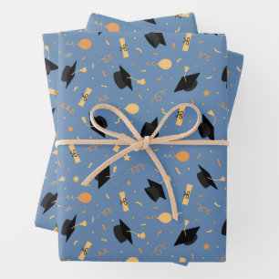 Graduation Theme with Cap, Diploma, Balloons Blue Wrapping Paper Sheet