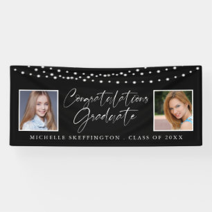 Graduation Then and Now Photos String Lights Black Banner
