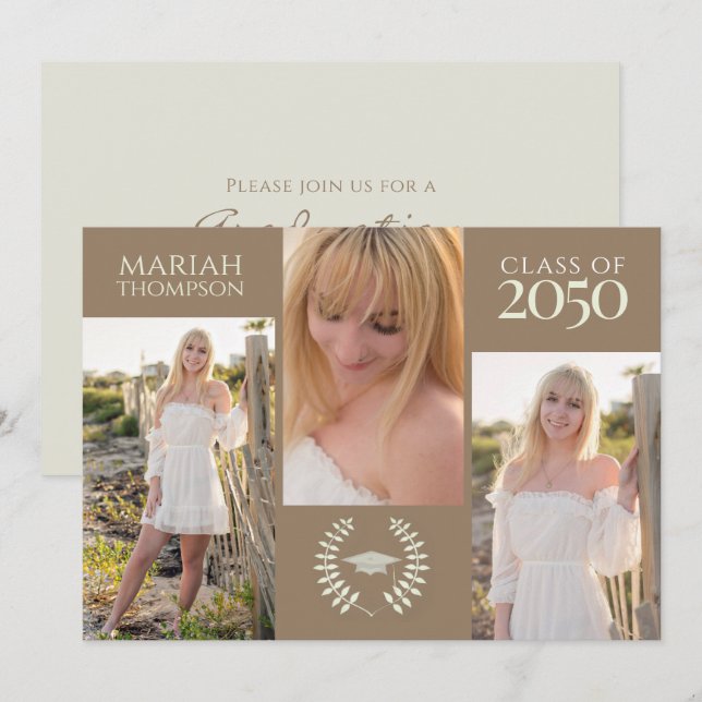Graduation Three Photo Simple Neutral Creative  Invitation (Front/Back)