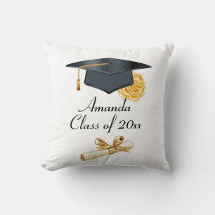 Graduation Throw Pillow with Gold Rose