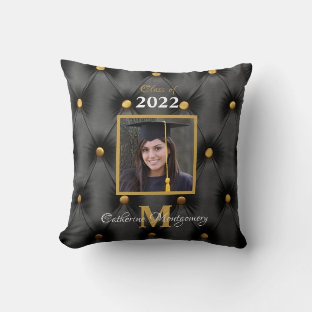 Graduation Traditional Black and Gold Tufted Throw Cushion (Front)