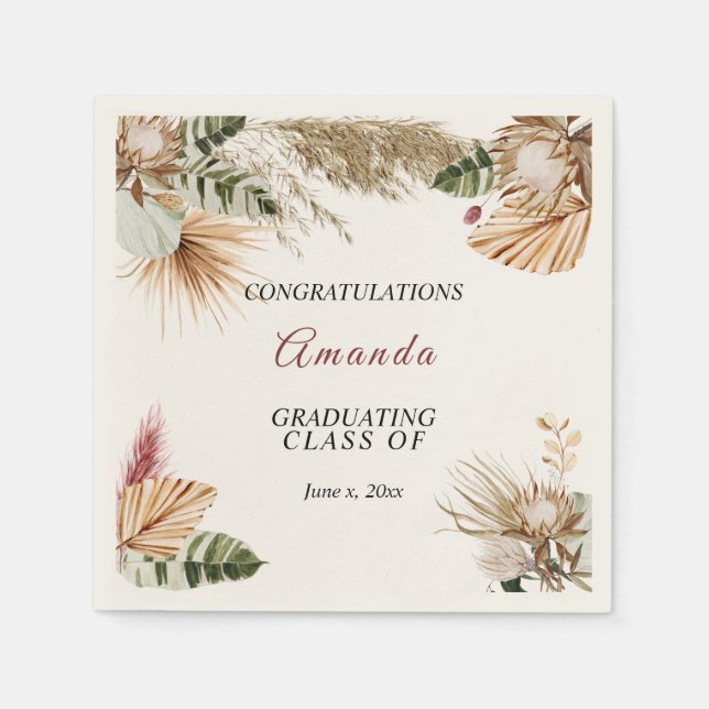  Graduation Tropical Pompas Grass Banana Leaves Napkin (Front)