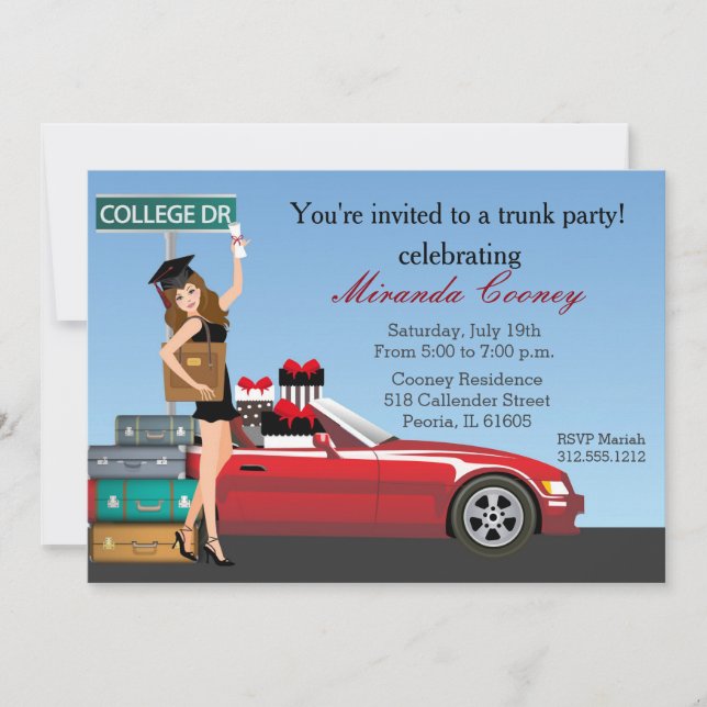 Graduation Trunk Party Brunette College Going Away Invitation (Front)