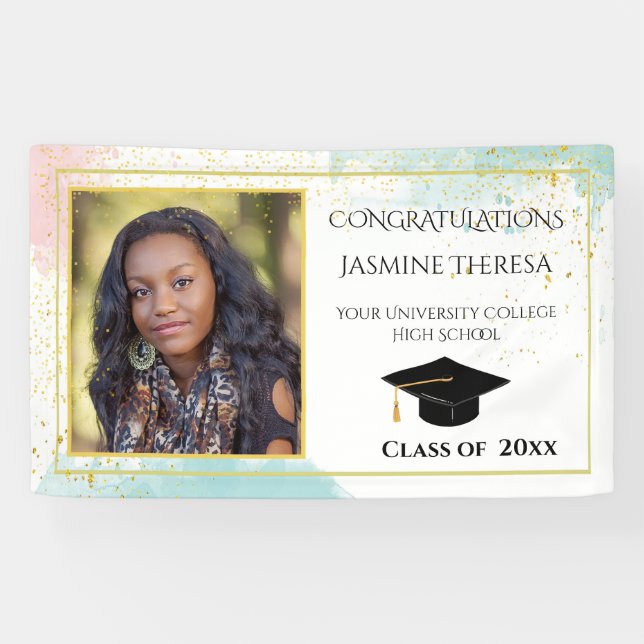 Graduation Turquoise Pink White Gold Confetti Banner (Horizontal)