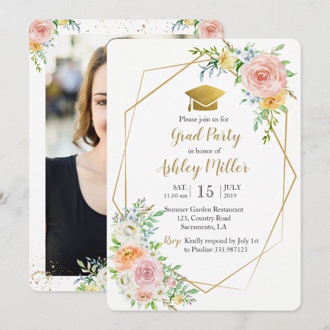 Graduation Watercolor floral photo card (Front/Back)