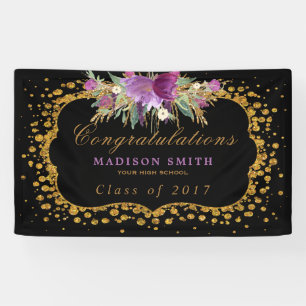 Graduation Watercolor Glitter Flower Gold Confetti Banner