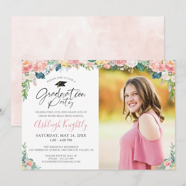 Graduation Watercolor Pink Floral Script Invitatio Invitation (Front/Back)