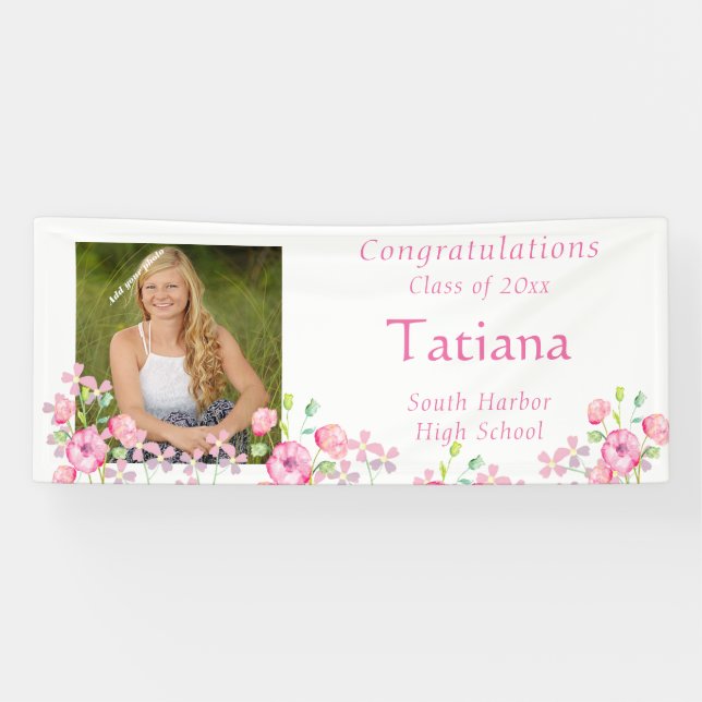 Graduation, Watercolor, Pink Flower,  Custom Photo Banner (Horizontal)