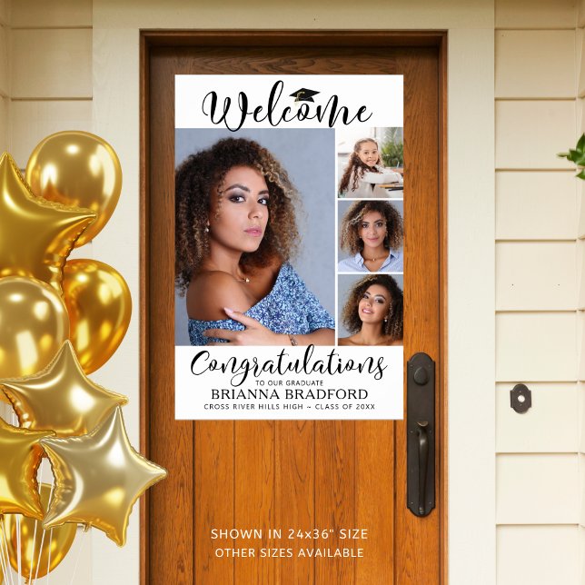 Graduation Welcome 4 Photo Script Black White Poster (Creator Uploaded)