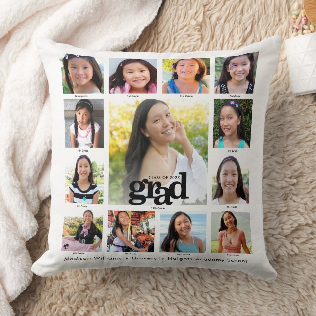 Graduation White Black K–12 Modern Photo Collage Cushion (Blanket)