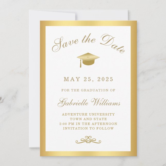 Graduation White Gold Frame Save the Date Announcement (Front)