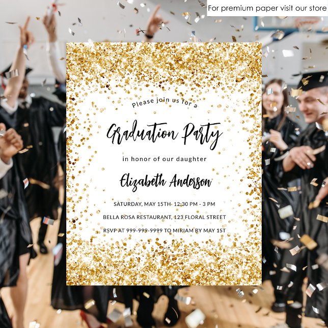 Graduation white gold glitter budget invitation flyer (Creator Uploaded)