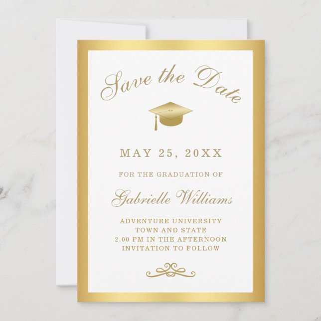 Graduation White Gold Script Frame Save the Date Announcement (Front)