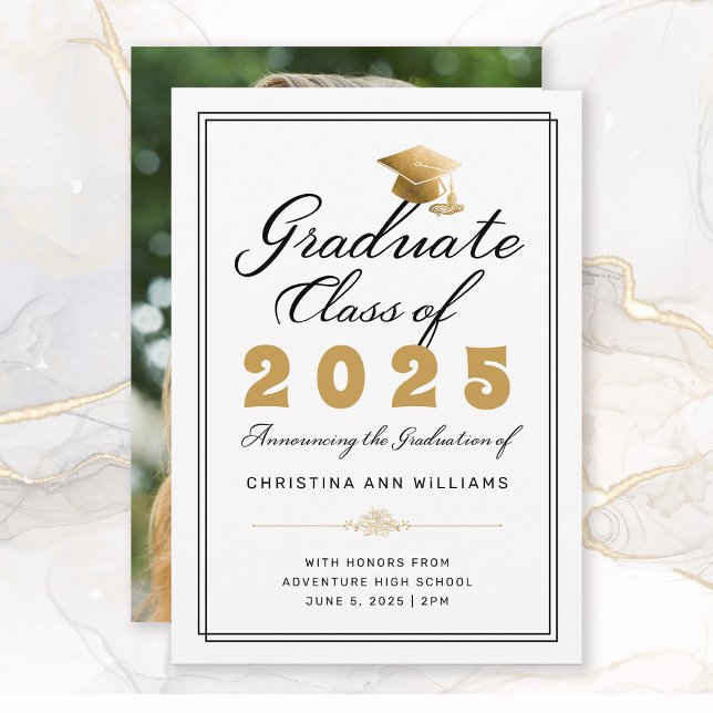 Graduation White Gold Script Photo Class of 2025 Announcement (Elegant White Black Gold Script Photo Graduation Announcement)