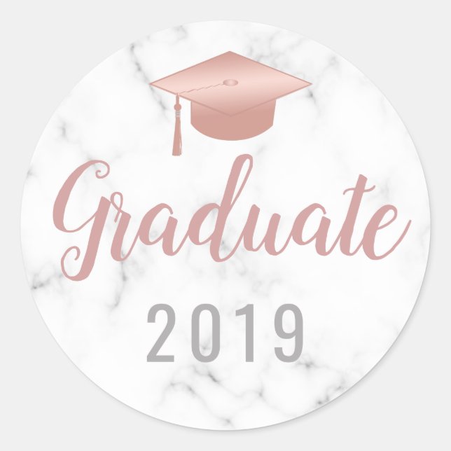 Graduation White Marble Rose Gold Grad Cap Classic Round Sticker (Front)