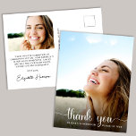 Graduation White Script Photo Overlay Thank You Postcard<br><div class="desc">A modern graduation thank you postcard with the graduate's photo overlayed with "thank you" in a white script with swashes and their name and class year in simple white typography. On the reverse side, add an additional photo, personalise a thank you message and add their name in a signature-like script....</div>