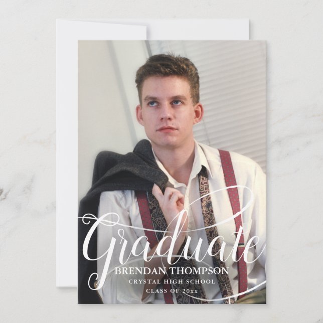 Graduation White Script Typography Photo Grey Announcement (Front)