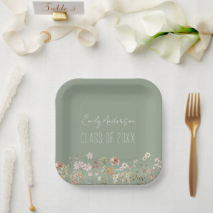Graduation Wildflower Sage Green Grad Modern Paper Plate