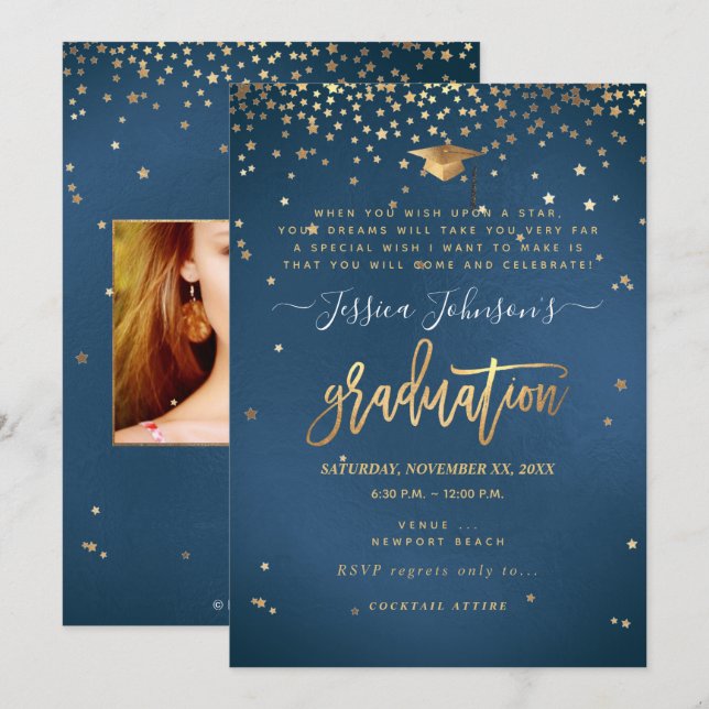 Graduation, Wish Upon the Stars Invitation, Blue Invitation (Front/Back)